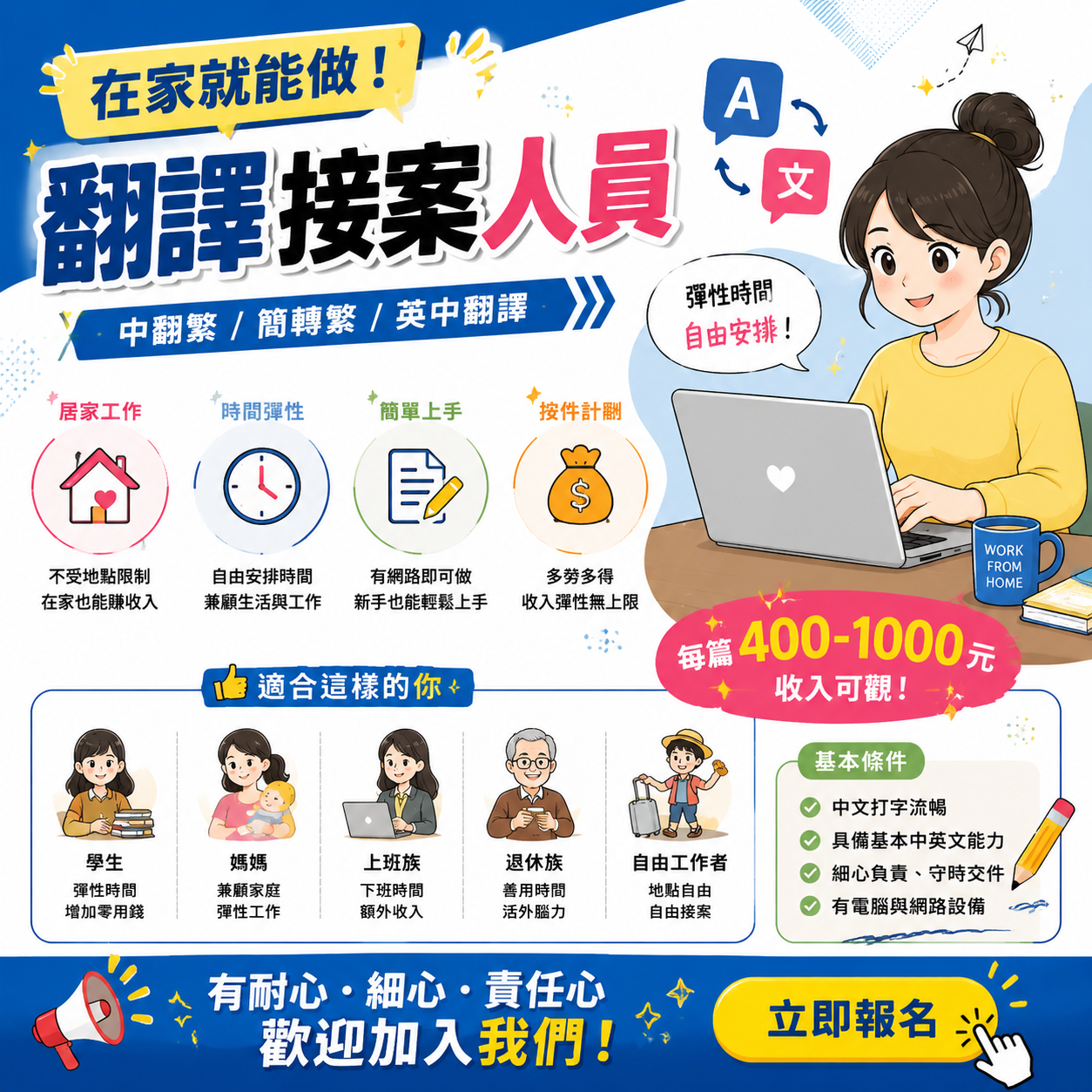 在家用筆電進行線上翻譯工作的女生